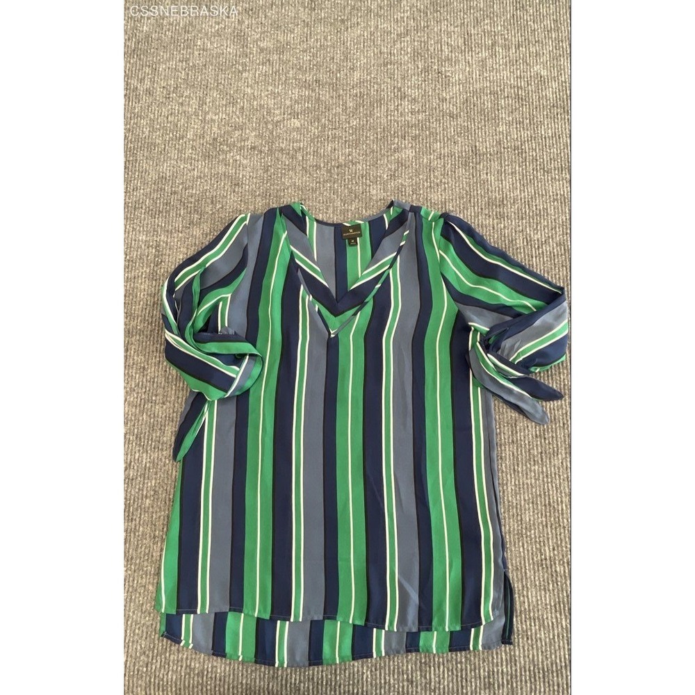 Worthington Women's Green Blue Striped‎ V-Neck Tie Sleeve Hi-Low Blouse Top Sz M